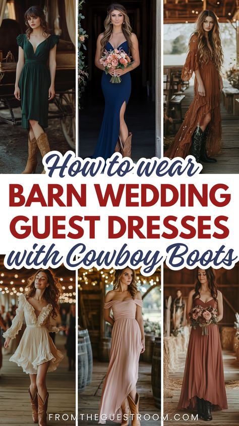 women wear barn wedding guest dress with cowboy boots, western outfits Cowgirl Boots With Formal Dress, Dresses To Wear To Country Wedding, Rustic Barn Wedding Guest Dress, Cowgirl Boot Wedding Guest, Dresses To Wear To A Wedding With Boots, Western Wear Wedding Guest, Country Dresses With Cowboy Boots Formal, Country Wedding Mother Of Bride Dress Cowboy Boots, Cowboy Wedding Attire Women