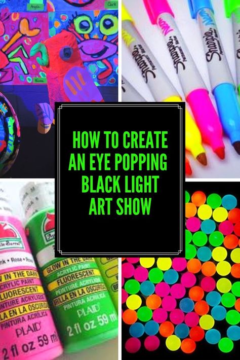 How to create an eye popping black light art show. Diy Black Light Paint, Diy Black Light Decorations, Glow In The Dark Elementary Art, Glow Room Ideas, Blacklight Art Ideas, Elementary Art Show Themes, Black Light Classroom Ideas, Blacklight Art Projects, Neon Art Projects Elementary