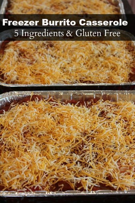 Mexican meals are great freezer meals. This Freezer Burrito Casserole is easy to make, contains 5 ingredients, and is gluten free! Mexican Casserole To Freeze, Taco Bake Freezer Meal, Freezer Mexican Casserole, Lactose Free Freezer Meals, Freezer Taco Bake, Freezer Enchilada Casserole, Frozen Burrito Recipe Dinners, Easy Gluten Free Freezer Meals, Freezer Meal Vegetarian