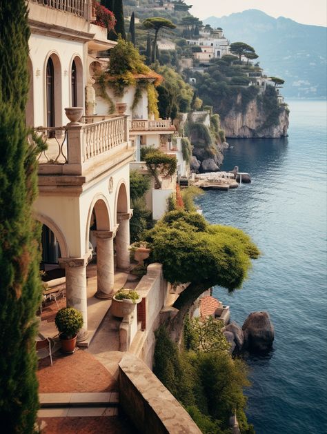 Beautiful villa at the Amalfi Coast in Italy Amalfi Coast Garden, Amalfi Villa, Italy Mansion, Italian Villa Exterior, Italian Beach House, Modern Italian Villa, Coastal Hotel, Praiano Italy, Amalfi Coast Villa