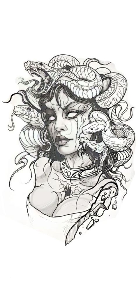 Medusa Tattoo Idea Women Tattoos Sketch, Medusa Tattoo Inspiration, Tattoo Sleeve Designs For Men Ideas, Men’s Medusa Tattoo, Realistic Woman Tattoo, Tattoo With Woman Face, Woman Medusa Tattoo, Medusa Tattoo Spine, Medusa Chest Tattoo Men