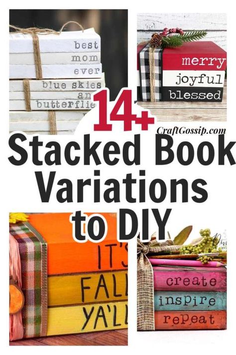 Painted Book Stacks Diy, Stamped Book Stacks Diy, How To Make Book Stacks, Mini Wood Book Stacks Diy, Christmas Book Stacks Diy, Wooden Book Stacks Diy, Book Stack Ideas, Diy Stacked Books, Christmas Book Stacks