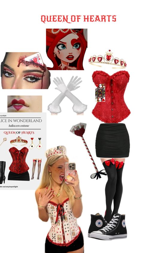 Queen, red corset , gloves, Makeup Red Ivy Costume, Red Outfit Halloween Costumes, Alice And Red Queen Costume, Late Costume Ideas, Simple Halloween Costume Ideas For Women, Halloween Costume Ideas Women Diy, Last Minute Cute Halloween Costumes, Halloween Costumes Women Horror, Queen Of Hearts Halloween Costume Diy