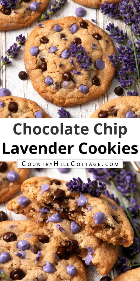 Get ready to fall in love with the best homemade lavender chocolate chip cookies! Chewy and soft in the center, crispy around the edges, and packed full of lavender and chocolate chips, these cookies will have any lavender lover swooning. Chocolate and lavender are a fantastic combination, and each bite is loaded with chocolate and lavender goodness. The bakery style recipe is super easy to make and you probably have the ingredients already stashed in your pantry. | CountryHillCottage.com Lavender Chocolate Chip Cookies, Gluten Free Lavender Recipes, Lavender Macarons Recipe, Things To Make With Lavender, Witchy Food Recipes, Lavender Recipes Baking, Lavender Baked Goods, Cookie Recipes Fun, Cottagecore Cookies