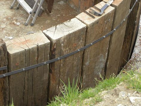 Railway Sleepers Garden, Sleeper Retaining Wall, Sleepers In Garden, Sloping Garden, Building A Retaining Wall, Garden Retaining Wall, Railway Sleepers, Path Ideas, Landscaping Retaining Walls