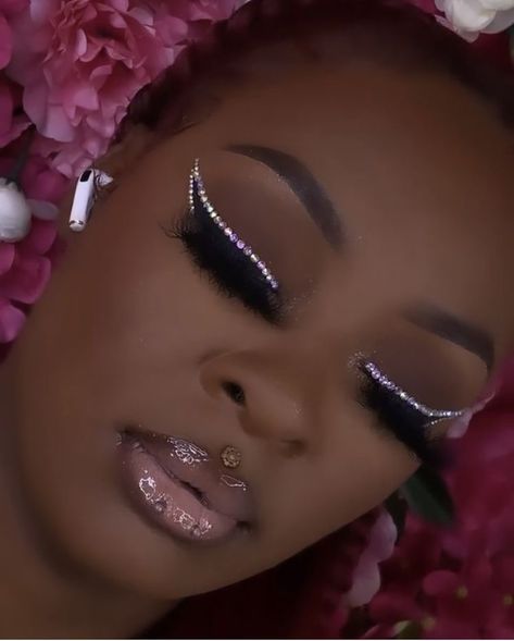 Bling Makeup Looks Black Women, Graduation Makeup With Rhinestones, Prom Glam Makeup Silver, Rhinestone Makeup Prom, Prom Makeup Black Women Silver, Rhinestone Eye Makeup Black Women, Silver Prom Makeup Looks, Soft Glam With Rhinestones, Rhinestone Makeup Looks Black Women