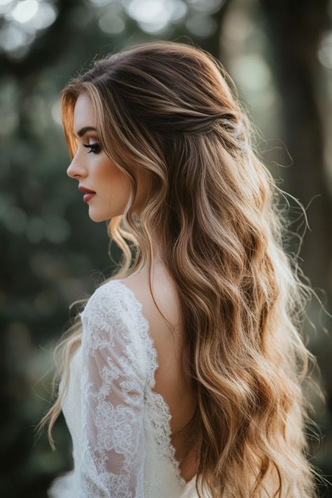 80+ Gorgeous Hairstyles for Brides with Long Hair | Matched Hearts Bride Hairstyles Wavy Hair, Soft Waves With Braid, Long Soft Curls Wedding, Simple Wavy Wedding Hair, Half Up Half Down Hair For Bride, Wedding Hair Styles Front View, Wedding Hairstyle Long Hair Down, Large Braid Wedding Hair, Brides With Long Hair