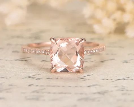 8mm Morganite Ring Rose Gold Diamond Wedding Band Cushion Morganite Engagement Ring Morganite Solitaire Ring Propose Ring Deco Promise Ring Morganite Ring Rose Gold, Morganite Solitaire Ring, Cushion Cut Wedding Rings, Stunning Rings, Wedding Ring Cushion, Rose Gold Morganite Ring, Ring Rosegold, Cushion Cut Ring, Gold Diamond Wedding Band