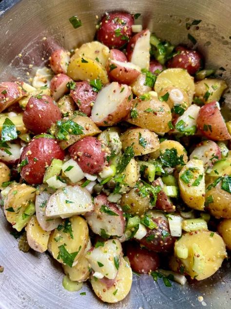 Herby French Potato Salad w/Capers - Lion's Bread Potato Salad With Vinegar, Potato Salad With Capers, Salad With Capers, Vinegar Potato Salad, Roasted Vegetable Couscous, French Potato Salad, Capers Recipe, Vegetable Couscous, French Potatoes