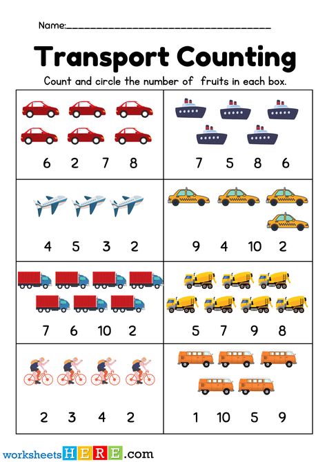 Transport Counting, Count and Circle the Number of Transport PDF Worksheet For Kindergarten - WorksheetsHere.com Transport Kindergarten Activities, Transport Maths Activities, Counting Transportation Worksheet, Transportation Counting Preschool, Transportation Group Activity, Theme Transportation Preschool, Transportation Worksheet Kindergarten, Transportation Kindergarten Activities, Transportation Math Activities Preschool