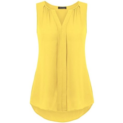 Vinmatto Women's Notch Neck Sleeveless Pleated Front Chiffon Blouse... (70 PLN) ❤ liked on Polyvore featuring tops, yellow sleeveless top, yellow tank top, sleeveless tops, yellow top and chiffon tank top Shirt For Ladies, African Blouses, Chiffon Tank Tops, Blouse Casual Fashion, Formal Tops, Yellow Tank, Ladies Blouse Designs, Yellow Tank Top, Trendy Dress Outfits