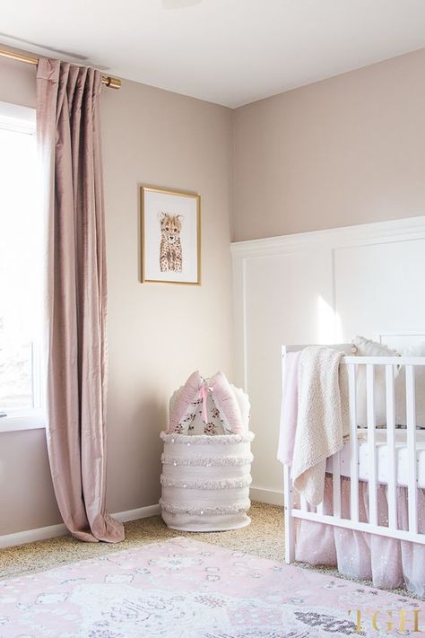 Blush Pink Velvet Curtains with Pink and Gold Baby Room Decor The Greenspring Home, Curtain Ideas For Nursery, Floor To Ceiling Curtains Nursery, Tan And Pink Nursery, Pink Mauve Nursery, Pink And Tan Nursery, Pink And Cream Nursery, Nursery Curtain Rod, Simple Girl Nursery Ideas