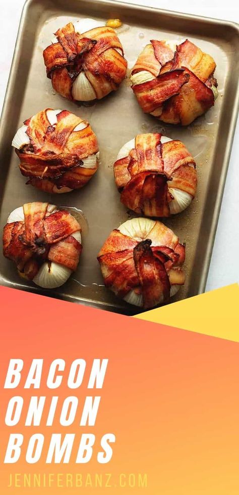 Bacon Onion Bombs cooked in the oven seem intimidating but are actually easy to make and very impressive! They are the perfect BBQ food with all of the essentials...onions stuffed with flavorful hamburger, then wrapped in bacon. They are perfectly keto and low carb.4 Net Carbs Bacon Wrapped Cheeseburger, Bacon Wrapped Burger, Oven Burgers, Low Carb Comfort Food, Onion Burger, Baked Ribs, Bbq Burgers, Wrapped In Bacon, Bbq Food