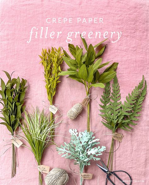 Crepe Paper Filler Greenery DIY Pattern & Tutorial - Lia Griffith Crepe Paper Crafts, Crepe Paper Flowers Diy, Paper Succulents, Zebra Finch, Paper Flower Art, Fleurs Diy, Paper Plants, Paper Bouquet, Paper Flower Crafts