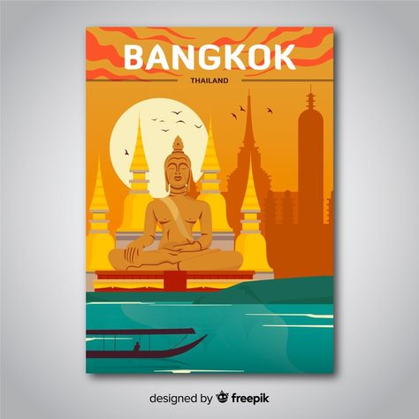 Retro promotional poster of bangkok temp... | Free Vector #Freepik #freevector #poster #business #city #template Thailand Landmark, Bangkok Poster, Thailand Poster, Bangkok Thailand Travel, Landmark Poster, Promotional Poster, Tourism Poster, Bangkok Travel, Art Pricing