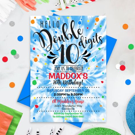 $2.93 | Double Digits Birthday Invitation Boy Tie Dye - double digits birthday invitation, 10th birthday invitation, boy 10th birthday invitation, hello double digits, tie dye 10th birthday invitations, blue tie dye 10th birthday, editable double digits invite, digital download double digits, instant download double digits, 10th birthday evite Double Digits Party, Double Digit Birthday Ideas, Double Digits Birthday, 10th Birthday Invitation, Bday Invitations, Bday Party Theme, Boys Ties, 10th Birthday Parties, Boy Birthday Invitations