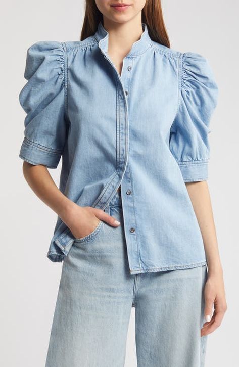 Women's FRAME Denim Tops | Nordstrom Balloon Sleeves Blouse, Black Chiffon Blouse, Silk Chiffon Blouse, Designer Streetwear, Denim Blouse, Calabria, Band Collar, Puff Sleeve Top, Elbow Length Sleeve