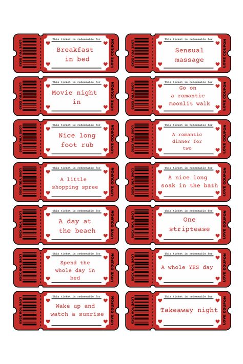 Valentine’s Day printables.Do it yourself gifts. Printable love coupons for Valentine’s Day. Fun token cards you can print at home with redeemable treat ideas. Romantic and sweet gifts for Valentine’s Day. Boyfriend Diy Coupons, Love Coupon Ideas For Him, Ideas For Love Coupons, Cute Couple Coupons, Date Tickets Diy, Coupon Cards For Boyfriend, Things To Print For Scrapbook, Free Printable Love Coupons For Him, Love Coupons For Boyfriend Ideas