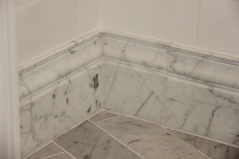 5" carrera marble baseboards make the room - by M L W Stone - purchased from Jenkins Brick in Savannah, GA Marble Baseboard In Bathroom, Marble Skirting Design, Stone Baseboard, Marble Baseboard, Marble Skirting, Marble Molding, Stone Skirting, Bathroom Baseboard, Carrera Marble Bathroom