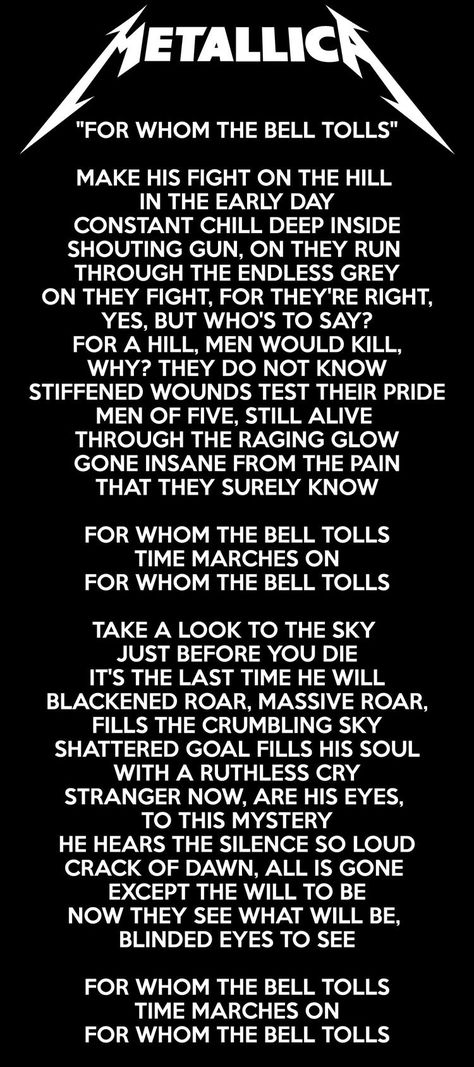 For Whom The Bell Tolls~Metallica Metallica Lyrics, Metallica Song, Metallica Tattoo, Metal Lyrics, Muse Music, For Whom The Bell Tolls, Metallica Art, Learn Guitar Chords, Guitar Playing