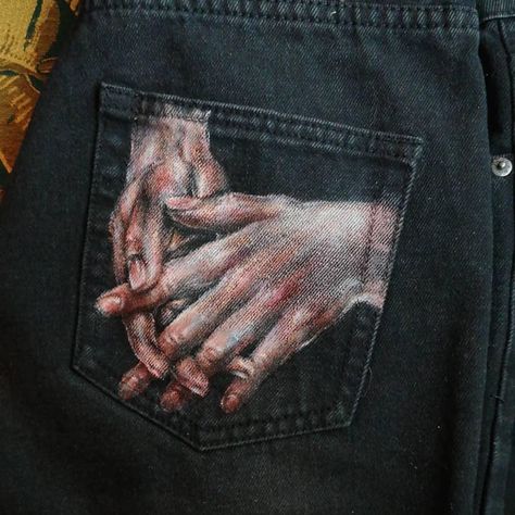 Painted on my new trousers… @hollysherbert on instagram #fabricpaint#diy#paintedjeans#paintedclothes#paintedtrousers Drawing On Trousers, Painted Trousers, Custom Pants, Painted Clothes, Painting Wallpaper, Fabric Paint, Vintage Painting, Best Ideas, Google Play