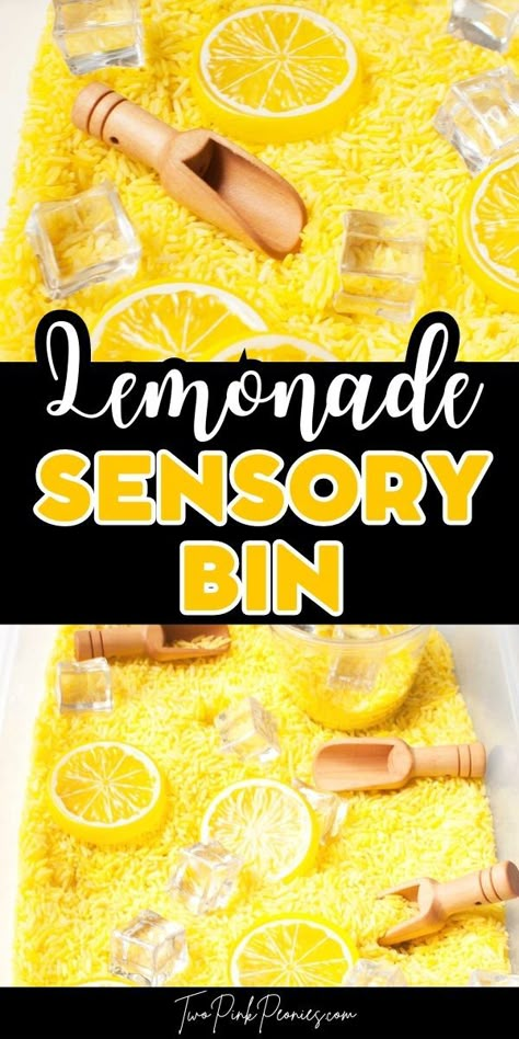 Text that says lemonade sensory bin. Above and below is a yellow rice sensory bin with lemon toys, ice cube toys, and small scoops in it. Kids Sensory Activities, Diy Lemonade, Toddler Sensory Bins, Summer Preschool Activities, Picnic Activities, Sensory Tubs, Order Cards, Sensory Crafts, Sensory Activities Toddlers