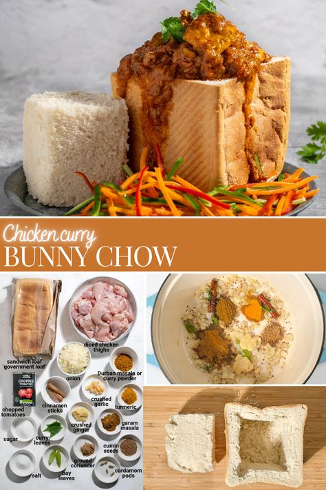 A quarter bunny chow on a plate with a carrot sambal on the side. Chicken Bunny Chow Recipe, South African Foods, Bunny Chow Recipe, South African Dishes, Bunny Chow, Fall Menu, Masala Spice, South African Recipes, Diced Chicken