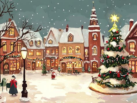 Town Square Decorated for Christmas. This is printed on rice paper. Cute Christmas Towns, Christmas Town Square, Christmas Village Pictures, Christmas Town Painting, Christmas Town Drawing, Christmas Town Aesthetic, Christmas Village Aesthetic, Christmas Village Drawing, Christmas Town Illustration