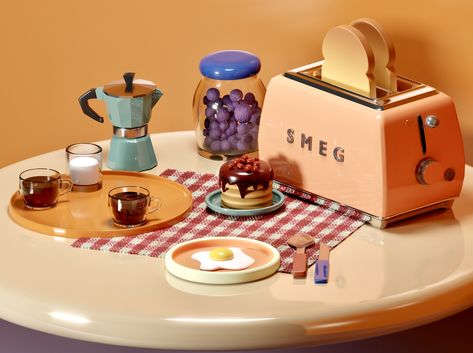 3d Art Projects, Product Design Graphic, Illustration Product, Low Poly Art, Scene Design, 3d Artwork, Breakfast Table, Blender 3d, 3d Projects