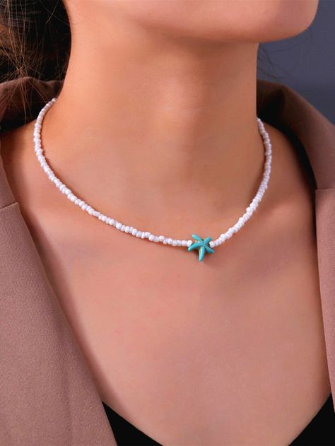 Rice Bead Necklace, Simple Beaded Necklaces, Jewelry Necklace Simple, Preppy Bracelets, Ocean Fashion, Diy Jewelry Necklace, Starfish Pendant, Rice Bead, Acrylic Jewellery