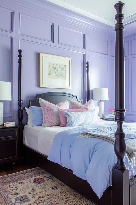 25 Chic Blue and Purple Bedroom Ideas for a Unique Sleep Space - Roomy Retreat Blue And Purple Bedroom Ideas, Purple And Blue Room, Purple Bedroom Aesthetic, Blue And Purple Bedroom, Light Purple Walls, Purple Bedroom Ideas, Purple Bedspread, Camera Studio, Purple Bedrooms