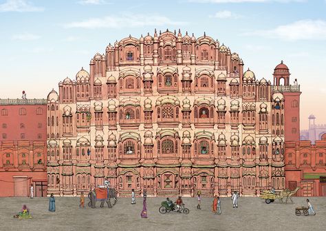 Hawa Mahal Indian Palace - Sven Shaw illustration and hand lettering Indian Palace Illustration, Hawa Mahal Illustration, Jaipur Illustration, Indian Palace, A Levels, Tourism Design, Ravi Varma, Hawa Mahal, Art Optical