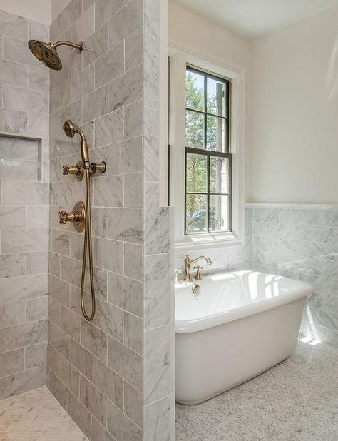 Would You Rather: Tub vs. Shower vs. Tub and Shower - Chris Loves Julia Shower Next To Tub, Grey Marble Bathroom, Bad Inspiration, Bathroom Remodel Shower, Trendy Bathroom, Bathroom Redo, Dream Bathrooms, Bathroom Layout, Grey Bathrooms