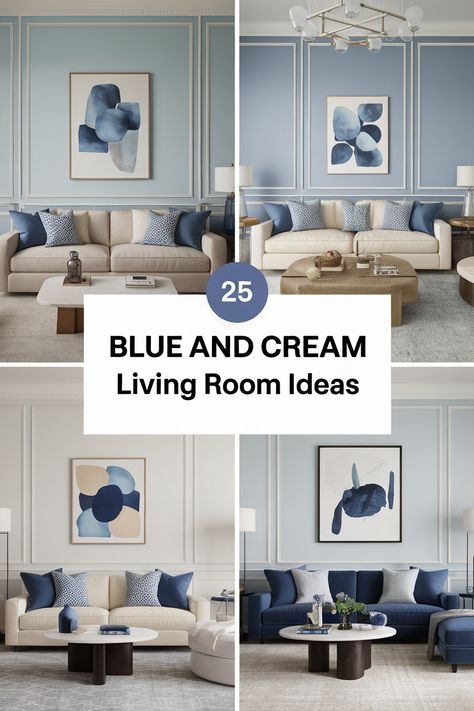 Blue and cream create a harmonious living room. Explore 25 stylish examples to see how these colors can be combined for a modern or traditional feel.  Find inspiration for your next home makeover with this timeless palette. White And Blue Modern Living Room, Beige Blue Living Room Ideas, Blue French Living Room, Blue Grey And Cream Living Room, Navy Blue And Light Blue Living Room, Cream Living Room Ideas Colour Palettes, Blue Interior Design Palette, Blue Grey Beige Living Room, Blue Beige Black Living Room