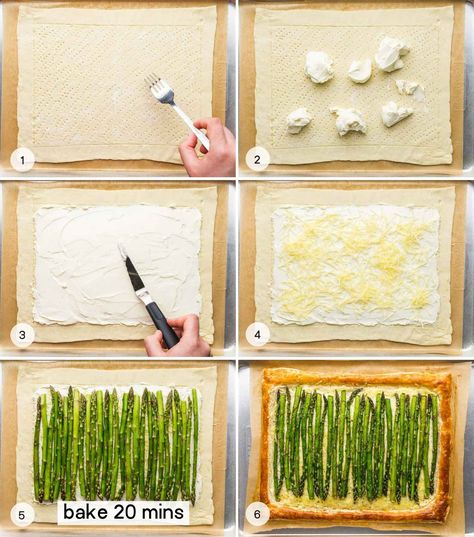 This Asparagus tart is made so easy using puff pastry! It's the perfect appetizer, brunch, lunch, or light meal that you can make when asparagus is in season! Flaky, light and buttery puff pastry layered with garlicky cream cheese and savory Gruyere cheese, topped with well seasoned roasted asparagus. Delicious! Asparagus And Brie Puff Pastry, Asparagus Prosciutto Puff Pastry Tart, Asparagus Cheese Tart, Puff Pastry Asparagus Proscuitto, Asparagus Tart Recipes Puff Pastries, Asparagus Pastry Puff Appetizers, Asparagus And Puff Pastry Recipes, Asparagus And Prosciutto Puff Pastry, Asparagus Gruyere Tart With Balsamic Glaze