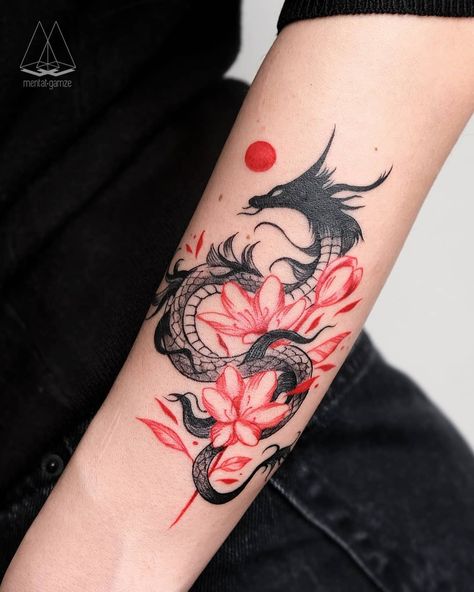 Space Dotwork, Linework Tattoo, Red Ink Tattoos, Red Tattoos, Stylist Tattoos, Flowers Tattoo, Dragon Tattoo Designs, Minimal Space, Dream Tattoos