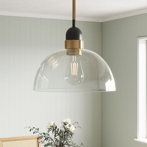 Industrial Matte Black Glass Shade Pendant Light with Brass Finish - Bed Bath & Beyond - 38235244 Mccarthy Glass Pendant, Industrial Dome Pendant Light, Gold Bathroom Pendant Lighting, Large Glass Kitchen Pendant Lights, Lighting Above Round Kitchen Table, Glam Pendant Lights, Island Pendants 8 Ft Ceiling, Bronze Kitchen Pendant Lights, Antique Brass Pendant Light Kitchen