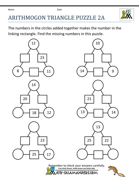 Second Grade Math Puzzles Triangle Puzzle, Logic Math, Math Logic Puzzles, Mental Maths Worksheets, Printable Crossword Puzzles, Mental Maths, Math Coloring Worksheets, Free Printable Puzzles, Maths Worksheets