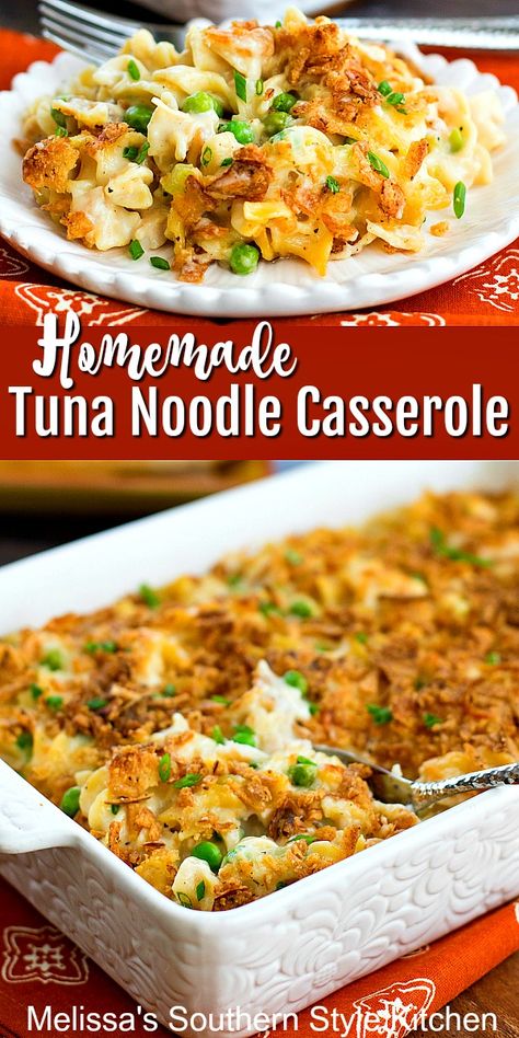 No canned soups needed to make this Homemade Tuna Noodle Casserole #tunacasserole #tunanoodlcasserole #casseroles #tunarecipes #seafood #casserolerecipes #pasta #dinnerideas #dinner #southernfood #southernrecipes Homemade Tuna Noodle Casserole, Canned Recipes, Tuna Dishes, Favorite Casserole Recipes, Tuna Casserole Recipes, Spring Meals, Pantry Recipes, Tuna Noodle Casserole, Tuna Noodle