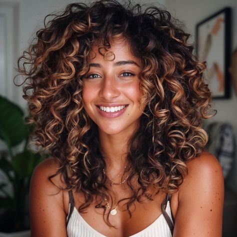 Low Contrast Hair And Skin, Curly Hair Highlights Brunettes, Curly Highlights Brown Hair, Curly Natural Highlights, Curls Color Highlights, Curly Dimensional Brunette, Curly Bayalage Brunette, Curly Hair Colour Ideas Highlights, Medium Length Curly Brown Hair With Highlights