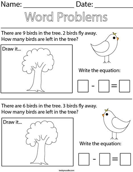 Bird Subtraction Word Problems Math Worksheet - Twisty Noodle Story Problems Kindergarten, Math Problems For Kids, Word Problems Kindergarten, Simple Word Problems, Math Story Problems, Kindergarten Math Worksheets Addition, Subtraction Kindergarten, Cvc Words Kindergarten, Homeschool Lessons