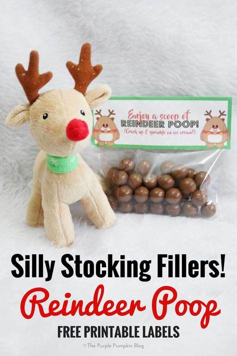 Reindeer Poop Free Printable Labels. These make fab silly stocking fillers! Add chocolate malt balls to a clear food bag and top off with this label. Homemade Stocking Stuffers, Ren Geyiği, Reindeer Poop, Reindeer Noses, Holiday Appetizers Easy, Chocolate Balls, Diy Stockings, Reindeer Food, Christmas Crafts For Kids To Make