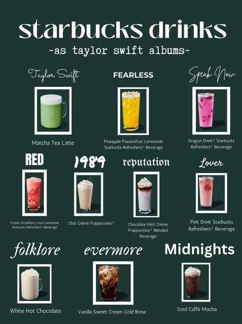 Pink Drink Starbucks, Starbucks Drink Menu, Matcha Tea Latte, Taylor Swift Albums, Starbucks Secret Menu Recipes, Taylor Swift Jokes, Cold Starbucks Drinks, Secret Starbucks Recipes, Starbucks Drinks Diy