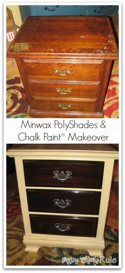 Dresser-before-and-after-Minwax-Polyshades-and-Annie-Sloan-Chalk-Paint- artsychicksrule.com Painting Wood Furniture Black, Light Wood Bed, Dresser Hardware, Painting Kitchen Cabinets White, Staining Furniture, Painting Wood Furniture, Black Dressers, Furniture Black, Painting Wood