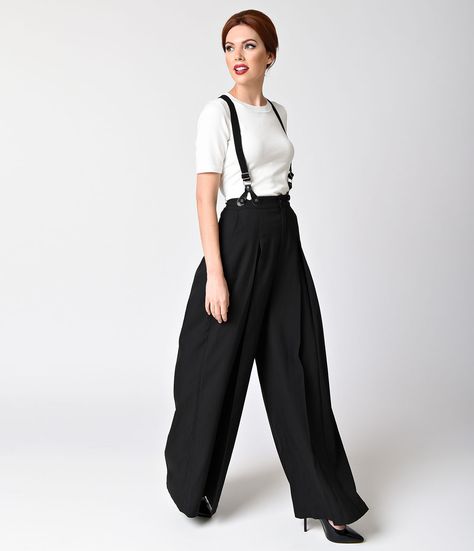 1940s Style Pants- Wide Leg, High Waist Voodoo Vixen Vintage Style Black Wide Leg Shelley Suspender Pants  Size XL $72.00 AT vintagedancer.com Outfits With Suspenders, Wide Palazzo Pants, Suspenders Outfit, Navy Suits, Suits Groom, Centerpieces Floral, Grey Suits, Groom Suits, Blue Suits