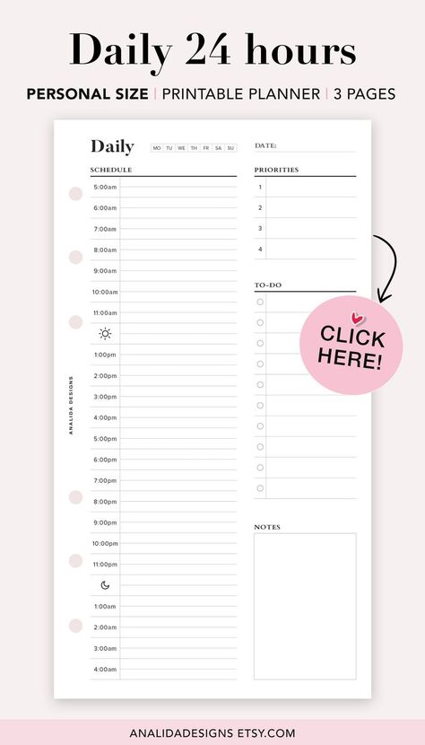 24 HOUR PLANNER / Daily Planner Printable / Daily Agenda Printable - Minimalist layouts to help you plan your day. With 24 hours schedule to keep you organized and focused. Personal size : 3.75 x 6.75 in (95.25 x 171.45mm) Includes 3 layout designs. Daily Planner Book, Military Time, Daily Planner Printables Free, Weekly Planner Free Printable, Daily Planner Hourly, Free Daily Planner, Planner Writing, Kids Planner, Weekly Planner Template