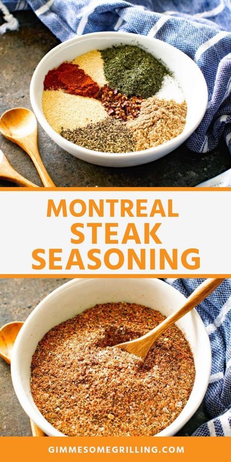 Copycat Montreal Steak Seasoning is made with pantry spices like paprika, pepper, salt, onion powder, garlic powder, coriander, dill and red pepper flakes. It's keeps in a sealed jar for months so it's perfect for your summertime steak grilling. The perfect rub for any grilled steak. It makes them so flavorful! #steakseasoning #recipe Montreal Steak Seasoning Recipe, Season Steak Recipes, Montreal Steak Seasoning, Steak Spice, Paprika Pepper, Homemade Spice Mix, Spice Mix Recipes, Easy Steak, Diy Spices