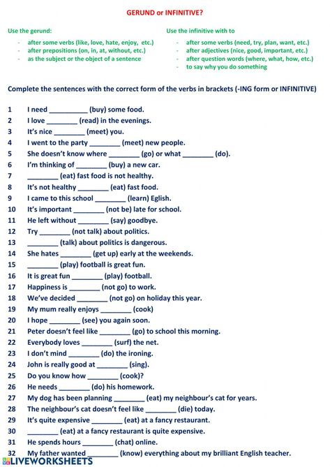 Gerund or Infinitive interactive exercise for Pre-intermediate. You can do the exercises online or download the worksheet as pdf. Gerund Exercises, Infinitives Grammar, To Infinitive, English Conversation Learning, English Grammar Exercises, Learn English Speaking, English Teaching Materials, Grammar Exercises, English Exercises