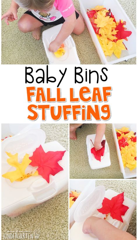 This leaf stuffing activity is great for a fall theme and is completely baby safe way to build fine motor skills. These Baby Bin plans are perfect for learning with little ones between 12-24 months old. Fall Sensory Bin, Fall Activities For Toddlers, Autumn Activity, Fall Lesson Plans, Infant Lesson Plans, Toddler Curriculum, Toddler Lessons, Infant Classroom, November Activities