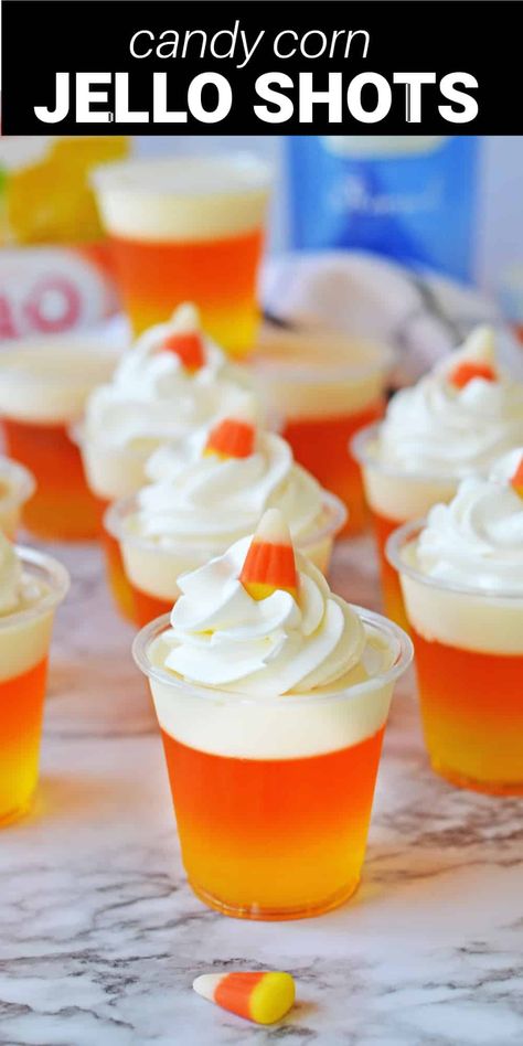 These Candy Corn Jello Shots are delicious and boozy treats with a fun and festive look. Gelatin layers in yellow, orange, and white make this shot resemble the candy corn treats that are so popular in the fall. They’re infused with whipped cream vodka, which adds a delicious and sweet whipped cream flavor to complement the fruity Jello. Then, they’re topped with fresh whipped cream and garnished with a candy corn for a cute finishing touch. Candy Corn Jello, Candy Corn Jello Shots, Halloween Jello Shots, Halloween Jello, Halloween Punch, Jello Shot Recipes, Jello Shot, Adult Halloween Party, Halloween Cocktails